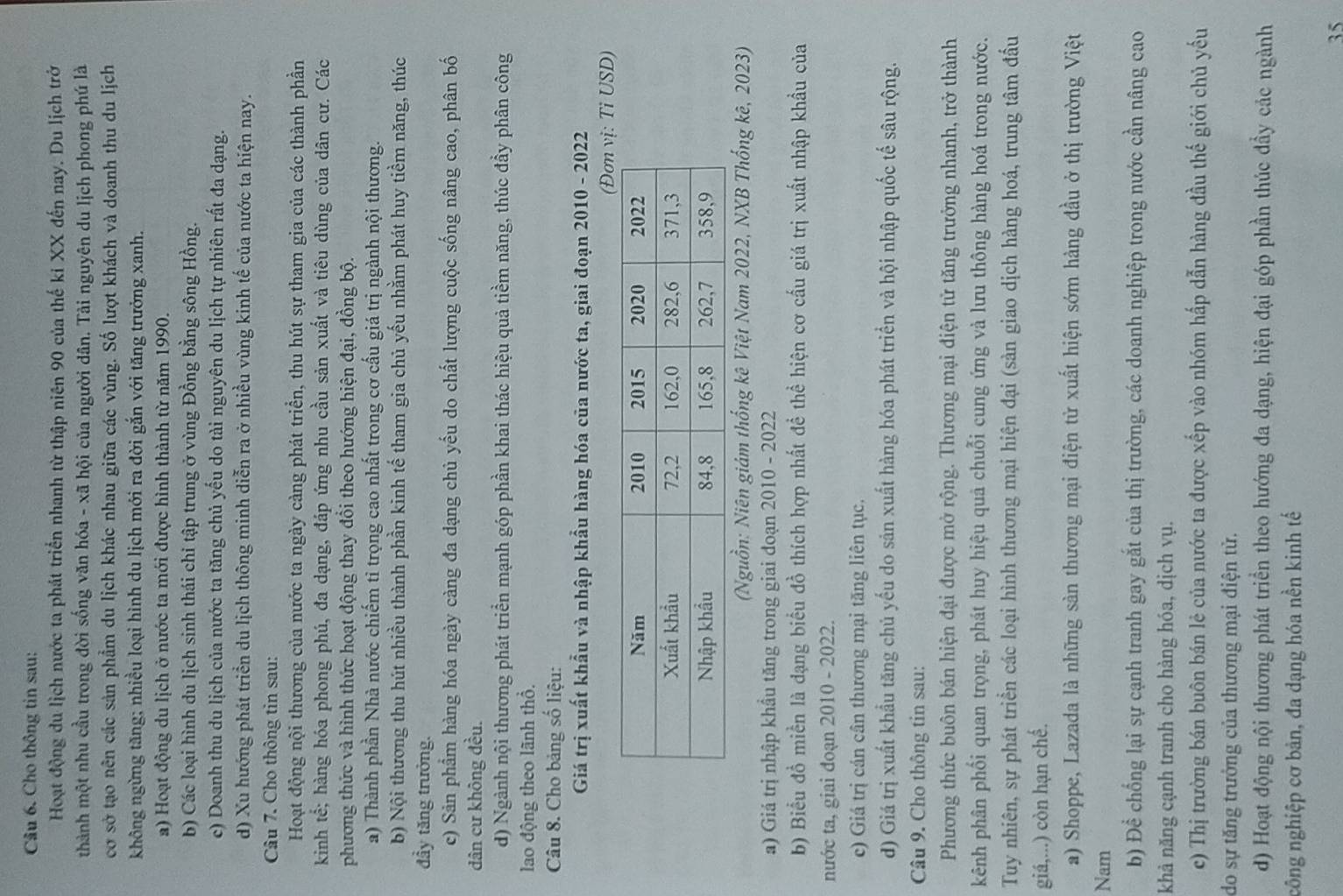 Cho thông tin sau:
Hoạt động du lịch nước ta phát triển nhanh từ thập niên 90 của thế ki XX đến nay. Du lịch trở
thành một nhu cầu trong đời sống văn hóa - xã hội của người dân. Tài nguyên du lịch phong phú là
cơ sở tạo nên các sản phẩm du lịch khác nhau giữa các vùng. Số lượt khách và doanh thu du lịch
không ngừng tăng; nhiều loại hình du lịch mới ra đời gắn với tăng trưởng xanh.
a) Hoạt động du lịch ở nước ta mới được hình thành từ năm 1990.
b) Các loại hình du lịch sinh thái chỉ tập trung ở vùng Đồng bằng sông Hồng.
c) Doanh thu du lịch của nước ta tăng chủ yếu do tài nguyên du lịch tự nhiên rất đa dạng.
d) Xu hướng phát triển du lịch thông minh diễn ra ở nhiều vùng kinh tế của nước ta hiện nay.
Câu 7. Cho thông tin sau:
Hoạt động nội thương của nước ta ngày càng phát triển, thu hút sự tham gia của các thành phần
kinh tế; hàng hóa phong phú, đa dạng, đáp ứng nhu cầu sản xuất và tiêu dùng của dân cư. Các
phương thức và hình thức hoạt động thay đổi theo hướng hiện đại, đồng bộ.
a) Thành phần Nhà nước chiếm tỉ trọng cao nhất trong cơ cấu giá trị ngành nội thương.
b) Nội thương thu hút nhiều thành phần kinh tế tham gia chủ yếu nhằm phát huy tiềm năng, thúc
đầy tăng trưởng.
c) Sản phầm hàng hóa ngày càng đa dạng chủ yếu do chất lượng cuộc sống nâng cao, phân bố
dân cư không đều.
d) Ngành nội thương phát triển mạnh góp phần khai thác hiệu quả tiềm năng, thúc đầy phân công
lao động theo lãnh thổ.
Câu 8. Cho bảng số liệu:
Giá trị xuất khẩu và nhập khẩu hàng hóa của nước ta, giai đoạn 2010 - 2022
Tỉ USD)
(Nguồn: Niên giám thống kê Việt Nam 2022, NXB Thống kê, 2023)
a) Giá trị nhập khầu tăng trong giai đoạn 2010 - 2022
b) Biểu đồ miền là đạng biểu đồ thích hợp nhất đề thể hiện cơ cấu giá trị xuất nhập khẩu của
nước ta, giai đoạn 2010 - 2022.
c) Giá trị cán cân thương mại tăng liên tục.
d) Giá trị xuất khẩu tăng chủ yếu do sản xuất hàng hóa phát triển và hội nhập quốc tế sâu rộng.
Câu 9. Cho thông tin sau:
Phương thức buôn bán hiện đại được mở rộng. Thương mại điện tử tăng trưởng nhanh, trở thành
kênh phân phối quan trọng, phát huy hiệu quả chuỗi cung ứng và lưu thông hàng hoá trong nước.
Tuy nhiên, sự phát triển các loại hình thương mại hiện đại (sàn giao dịch hàng hoá, trung tâm đầu
giá,...) còn hạn chế.
a) Shoppe, Lazada là những sàn thương mại điện từ xuất hiện sớm hàng đầu ở thị trường Việt
Nam
b) Để chống lại sự cạnh tranh gay gắt của thị trường, các doanh nghiệp trong nước cần nâng cao
khả năng cạnh tranh cho hàng hóa, dịch vụ.
c) Thị trường bán buôn bán lê của nước ta được xếp vào nhóm hấp dẫn hàng đầu thế giới chủ yếu
do sự tăng trưởng của thương mại điện tử.
d) Hoạt động nội thương phát triển theo hướng đa dạng, hiện đại góp phần thúc đầy các ngành
công nghiệp cơ bản, đa dạng hóa nền kinh tế
35