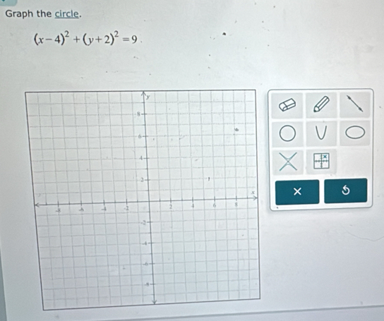 Graph the circle.
(x-4)^2+(y+2)^2=9. 
× 6