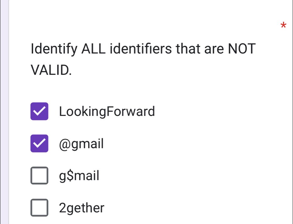 Identify ALL identifiers that are NOT
VALID.
LookingForward
@gmail
g$mail
2gether