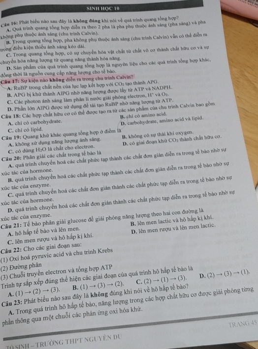 SINH HỌC 10
Cầu 16: Phát biểu nào sau đây là không đúng khi nói về quá trình quang tổng hợp7
A. Quá trình quang tổng hợp diễn ra theo 2 pha là pha phụ thuộc ảnh sáng (pha sáng) và pha
không phụ thuộc ảnh sáng (chu trình Calvin).
B. Trong quang tổng hợp, pha không phụ thuộc ánh sáng (chu trình Calvin) vẫn có thể diễn ra
trong điều kiện thiếu ánh sáng kéo dài.
C. Trong quang tổng hợp, có sự chuyển hóa vật chất từ chất vô cơ thành chất hữu cơ và sự
chuyển hóa năng lượng từ quang năng thành hóa năng.
D. Sản phẩm của quá trình quang tổng hợp là nguyên liệu cho các quá trình tổng hợp khác,
đồng thời là nguồn cung cấp năng lượng cho tế bào.
Câu 17: Sự kiện nào không diễn ra trong chu trình Calvin?
A. RuBP trong chất nền của lục lạp kết hợp với CO_2 tạo thành APG.
B. APG bị khử thành AIPG nhờ năng lượng được lấy từ ATP và NADPH.
C. Các photon ánh sáng làm phân li nước giải phóng electron, H^+ và O_2.
D. Phần lớn AIPG được sử dụng để tái tạo RuBP nhờ năng lượng từ ATP.
Câu 18: Các hợp chất hữu cơ có thể được tạo ra từ các sản phẩm của chu trình Calvin bao gồm
B. chi có amino acid.
A. chi có carbohydrate.
D. carbohydrate, amino acid và lipid.
C. chỉ có lipid.
Câu 19: Quang khử khác quang tổng hợp ở điểm là
A. không sử dụng năng lượng ánh sáng. B. không có sự thải khí oxygen.
C. có dùng H_2O là chất cho electron. D. có giai đoạn khử CO_2 thành chất hữu cơ.
Câu 20: Phân giải các chất trong tế bảo là
A. quá trình chuyển hoá các chất phức tạp thành các chất đơn giản diễn ra trong tế bào nhờ sự
B. quá trình chuyển hoá các chất phức tạp thành các chất đơn giản diễn ra trong tế bào nhờ sự
xúc tác của hormone.
xúc tác của enzyme. C. quá trình chuyển hoá các chất đơn giản thành các chất phức tạp diễn ra trong tế bào nhờ sự
D. quá trình chuyển hoá các chất đơn giản thành các chất phức tạp diễn ra trong tế bào nhờ sự
xúc tác của hormone.
xúc tác của enzyme.
Câu 21: Tế bào phân giải glucose để giải phóng năng lượng theo hai con đường là
A. hô hấp tế bào và lên men. B. lên men lactic và hô hấp kị khí.
C. lên men rượu và hô hấp kị khí. D. lên men rượu và lên men lactic.
Câu 22: Cho các giai đoạn sau:
(1) Oxi hoá pyruvic acid và chu trình Krebs
(2) Đường phân
(3) Chuỗi truyền electron và tổng hợp ATP
Trinh tự sắp xếp đúng thể hiện các giai đoạn của quá trình hô hấp tế bào là
Câu 23: Phát biểu nào sau đây là không đúng khi nói về hô hấp tế bào? C. (2) → (1) → (3). D. (2)to (3)to (1).
A. (1) → (2) → (3). B. (1) → (3) → (2).
A. Trong quá trình hô hấp tế bào, năng lượng trong các hợp chất hữu cơ được giải phóng từng
phần thông qua một chuỗi các phản ứng oxi hóa khử.
TQ SiNH - TRườnG THPT nguyÊn du TRANG 45