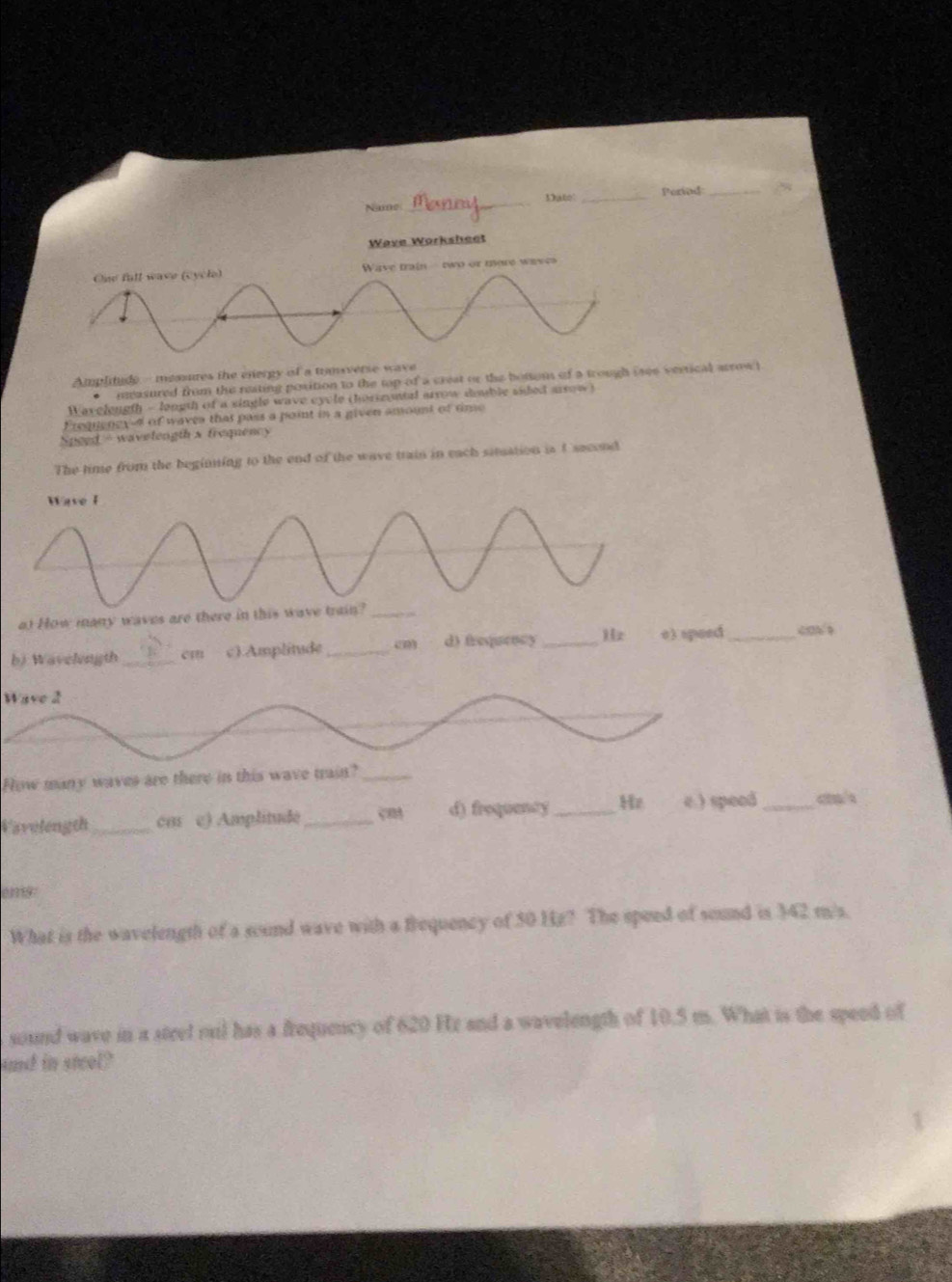 Solved: Name _Dat: _Perind_ Wave Worksheet Ampliude -- meaures the ...