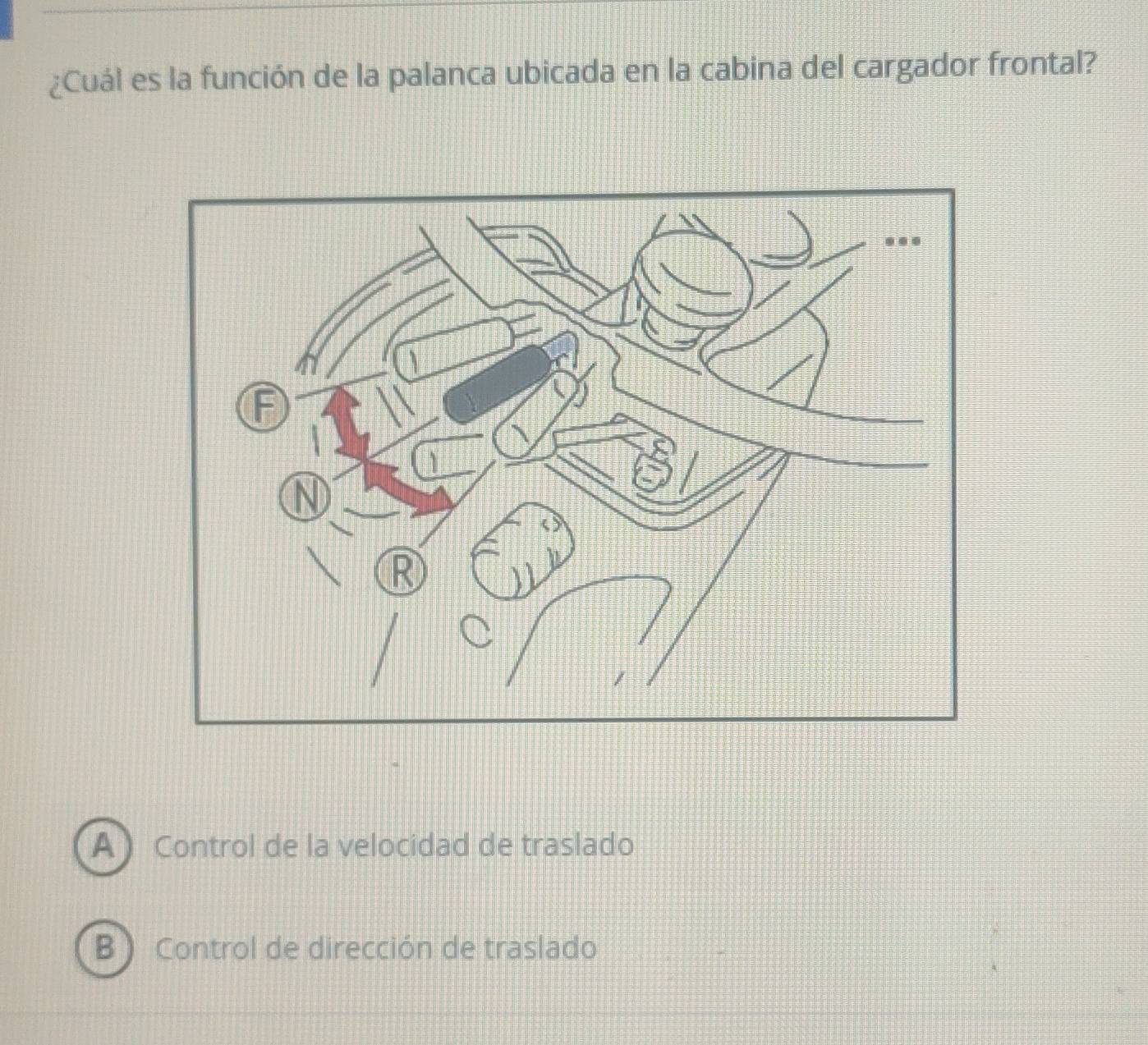 ¿Cuál es la función de la palanca ubicada en la cabina del cargador frontal?
A Control de la velocidad de traslado
B ) Control de dirección de traslado