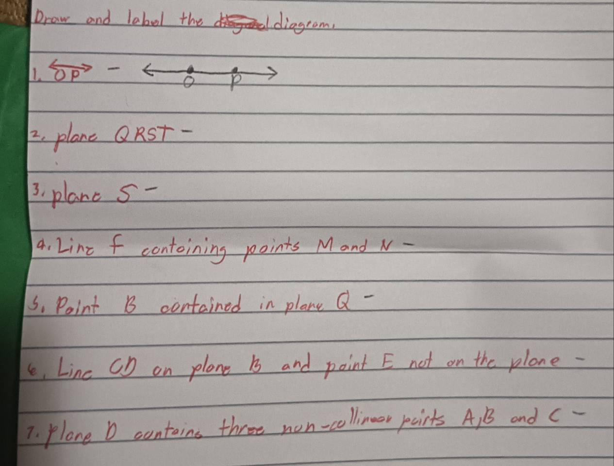 Draw and label the diagrom, 
L overleftrightarrow OP-
p
12, plane QRSt - 
3. plane S - 
4. Linz f contoining points Mand N - 
3. Point B contained in plane Q - 
e, Line GD on plane Bs and point E not on the plane - 
7. plane D cuntains three non-colliner poirts A B and c -