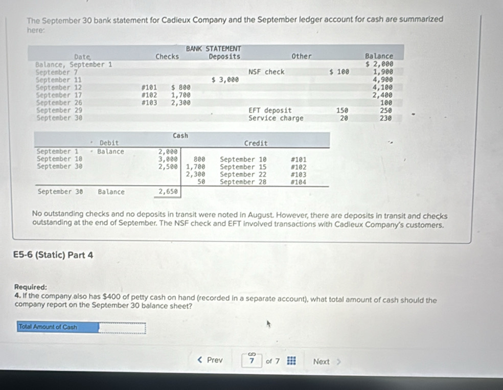 The September 30 bank statement for Cadieux Company and the September ledger account for cash are summarized 
here: 
No outstanding checks and no deposits in transit were noted in August. However, there are deposits in transit and checks 
outstanding at the end of September. The NSF check and EFT involved transactions with Cadieux Company's customers. 
E5-6 (Static) Part 4 
Required: 
4. If the company also has $400 of petty cash on hand (recorded in a separate account), what total amount of cash should the 
company report on the September 30 balance sheet? 
Total Amount of Cash 
Prev 7 of 7 Next