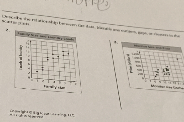 scatter plots. 
Describe the relationship between the data. Identify any outliers, gaps, or clusters in the 
2. 
Family Size and Laundry Loads
y
16
3.
14
Monitor Size and Price
12
y
10
1,200
1,000
8
800
6
600
4
400
2
200
0
。
0 1 2 3 4 5 6 7 x
3 6 9 12 15 18 21 7
Family size 
Monitor size (inche 
Copyright © Big Ideas Learning, LLC. 
All rights reserved.