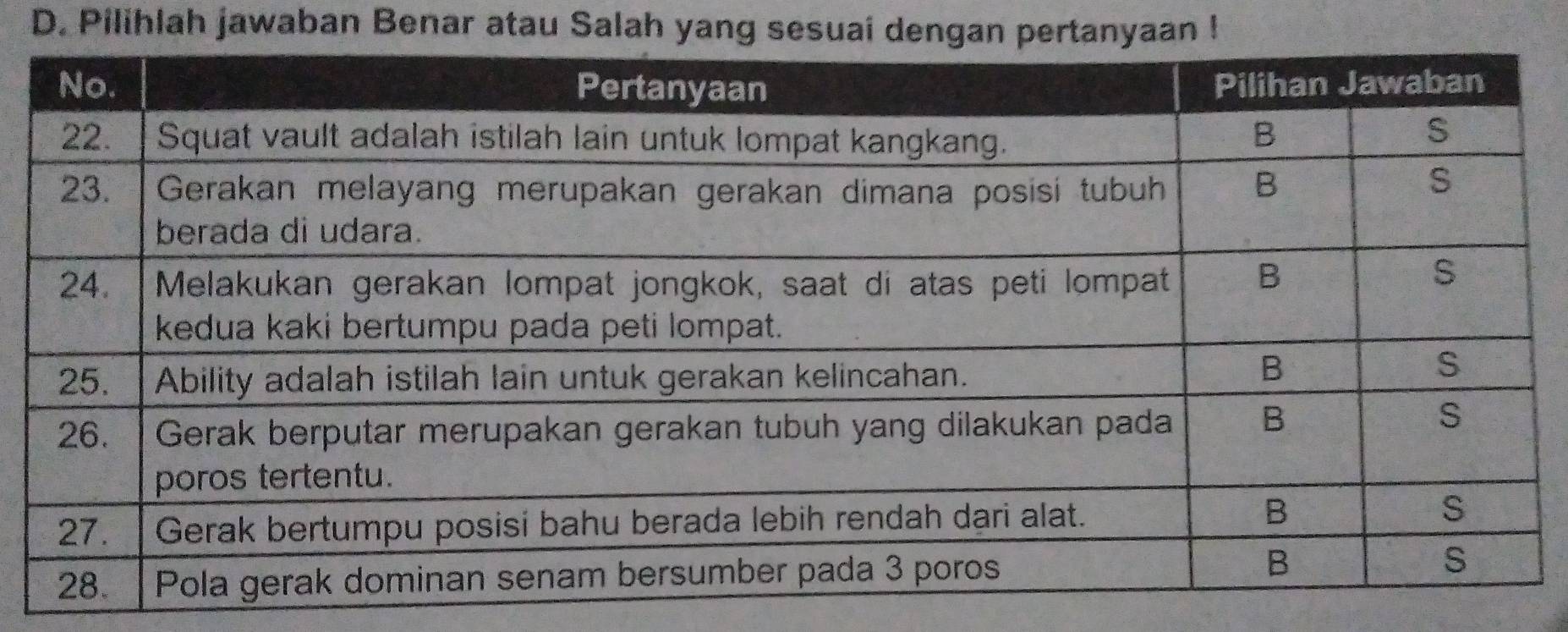 Pilihlah jawaban Benar atau Salah yang sesuai dengan pertanyaan !