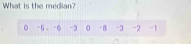 What is the median?
0 -5 -6 -3 0 -8 -3 -2 -1