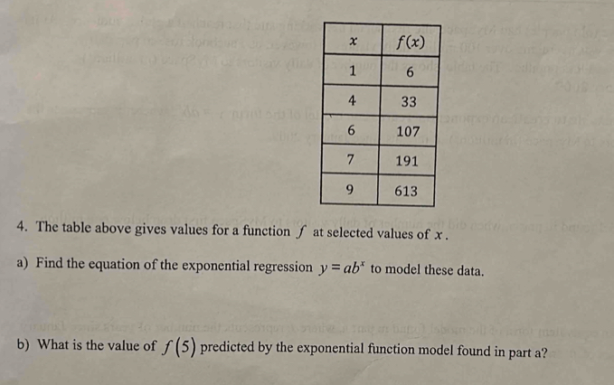 The table above gives values for a function ∫ at selected values of x .
a) Find the equation of the exponential regression y=ab^x to model these data.
b) What is the value of f(5) predicted by the exponential function model found in part a?