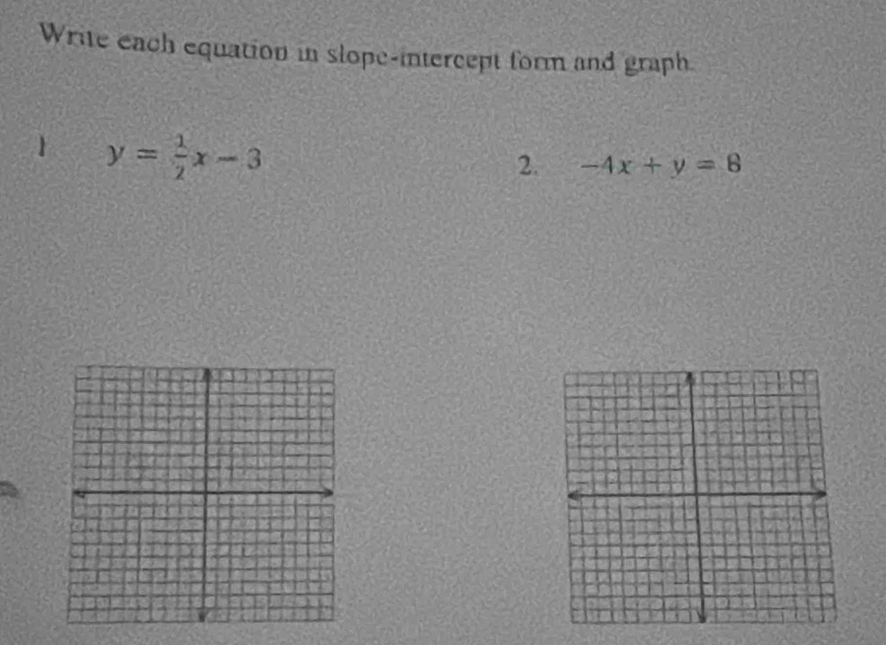 Write each equation in slope-intercept form and graph.
1 y= 1/2 x-3
2. -4x+y=8