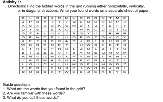 Solved: Activity 1: Directions: Find the hidden words in the grid ...