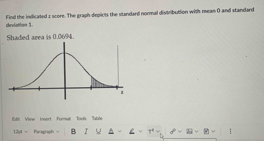 Find the indicated z score. The graph depicts the standard normal distribution with mean O and standard 
deviation 1. 
ded area is 0.0694. 
Edit View Insert Format Tools Table 
12pt Paragraph B I ρ T^2 :