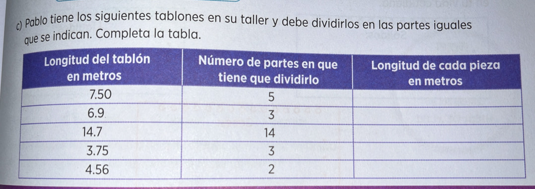 Pablo tiene los siguientes tablones en su taller y debe dividirlos en las partes iguales 
que se indican. Completa la tabla.