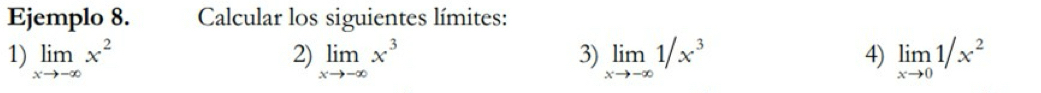 Ejemplo 8. Calcular los siguientes límites: 
1) limlimits _xto -∈fty x^2 limlimits _xto -∈fty x^3 limlimits _xto -∈fty 1/x^3 limlimits _xto 01/x^2
2) 
3) 
4)