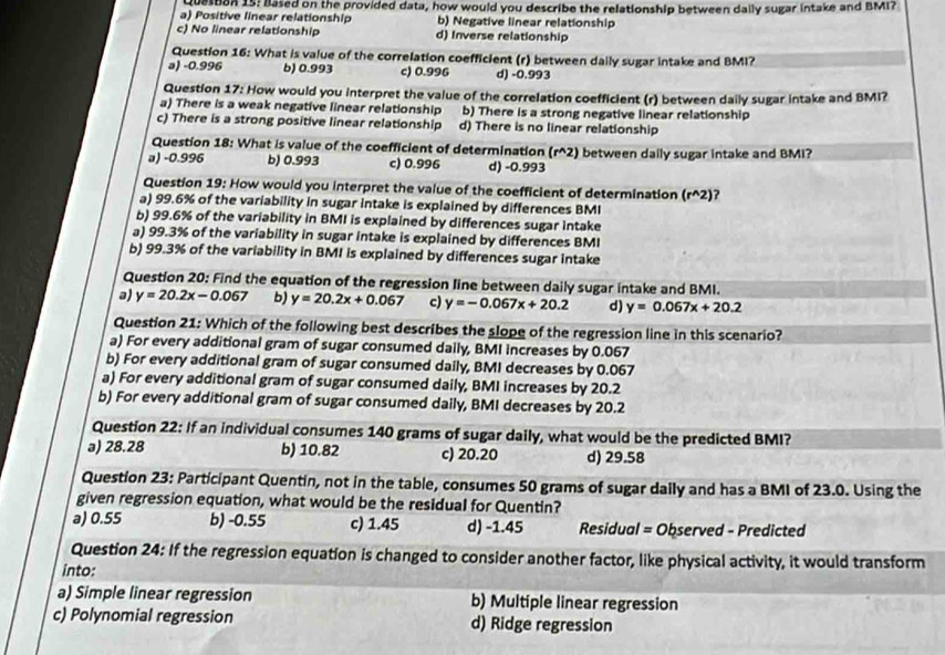 Queston 15: Based on the provided data, how would you describe the relationship between daily sugar intake and BMI?
a) Positive linear relationship b) Negative linear relationship
c) No linear relationship d) Inverse relationship
Question 16: What is value of the correlation coefficient (r) between daily sugar intake and BMI?
a) -0.996 b) 0.993 c) 0.996 d) -0.993
Question 17: How would you interpret the value of the correlation coefficient (r) between daily sugar intake and BMI?
a) There is a weak negative linear relationship b) There is a strong negative linear relationship
c) There is a strong positive linear relationship d) There is no linear relationship
Question 18: What is value of the coefficient of determination (r^(2) between daily sugar intake and BMI?
a) -0.996 b) 0.993 c) 0.996 d) -0.993
Question 19: How would you interpret the value of the coefficient of determination (r^wedge)2)
a) 99.6% of the variability in sugar intake is explained by differences BMI
b) 99.6% of the variability in BMI is explained by differences sugar intake
a) 99.3% of the variability in sugar intake is explained by differences BMI
b) 99.3% of the variability in BMI is explained by differences sugar intake
Question 20: Find the equation of the regression line between daily sugar intake and BMI.
a) y=20.2x-0.067 b) y=20.2x+0.067 c) y=-0.067x+20.2 d) y=0.067x+20.2
Question 21: Which of the following best describes the slope of the regression line in this scenario?
a) For every additional gram of sugar consumed daily, BMI increases by 0.067
b) For every additional gram of sugar consumed daily, BMI decreases by 0.067
a) For every additional gram of sugar consumed daily, BMI increases by 20.2
b) For every additional gram of sugar consumed daily, BMI decreases by 20.2
Question 22: If an individual consumes 140 grams of sugar daily, what would be the predicted BMI?
a) 28.28 b) 10.82 c) 20.20 d) 29.58
Question 23: Participant Quentin, not in the table, consumes 50 grams of sugar daily and has a BMI of 23.0. Using the
given regression equation, what would be the residual for Quentin?
a) 0.55 b) -0.55 c) 1.45 d) -1.45 Residual = Observed - Predicted
Question 24: If the regression equation is changed to consider another factor, like physical activity, it would transform
into:
a) Simple linear regression b) Multiple linear regression
c) Polynomial regression d) Ridge regression