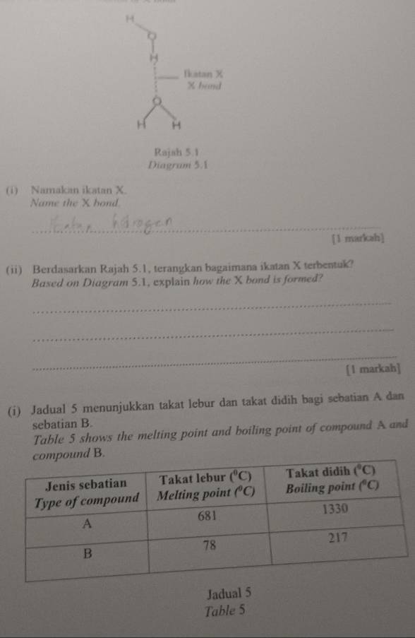 Ikatan X
X hand
ò
H H
Rajsh 5.1
Diagram 5.1
(i) Namakan ikatan X.
Name the X bond.
_
[1 markah]
(ii) Berdasarkan Rajah 5.1, terangkan bagaimana ikatan X terbentuk?
Based on Diagram 5.1, explain how the X bond is formed?
_
_
_
[1 markah]
(i) Jadual 5 menunjukkan takat lebur dan takat didih bagi sebatian A dan
sebatian B.
Table 5 shows the melting point and boiling point of compound A and
mpound B.
Jadual 5
Table 5