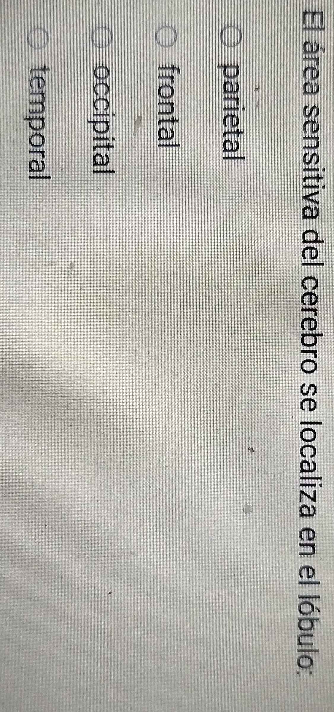 El área sensitiva del cerebro se localiza en el lóbulo:
parietal
frontal
occipital
temporal