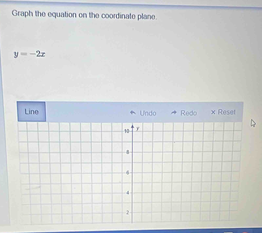 Graph the equation on the coordinate plane.
y=-2x
Line Undo Redo × Reset