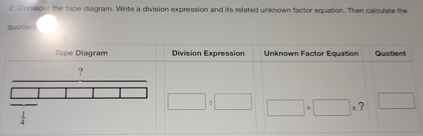 Consider the tape diagram. Write a division expression and its related unknown factor equation. Then calculate the
quotient