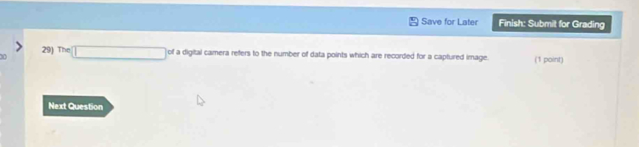 Save for Later Finish: Submit for Grading 
29) The 
00 □ of a digital camera refers to the number of data points which are recorded for a captured image. (1 point) 
Next Question