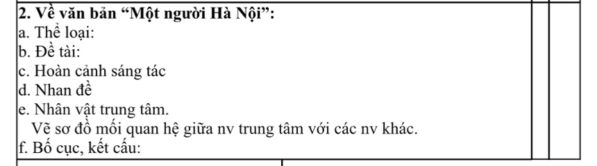 Về văn bản “Một người Hà Nội”: 
a. Thể loại: 
b. Đề tài: 
c. Hoàn cảnh sáng tác 
d. Nhan đề 
e. Nhân vật trung tâm. 
Vẽ sơ đồ mỗi quan hệ giữa nv trung tâm với các nv khác. 
f. Bố cục, kết cấu: