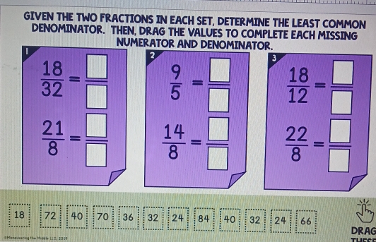 GIVEN THE TWO FRACTIONS IN EACH SET, DETERMINE THE LEAST COMMON 
DENOMINATOR. THEN, DRAG THE VALUES TO COMPLETE EACH MISSING 
NUMERATOR AND DENOMINATOR.
 18/32 = □ /□   2  9/5 = □ /□  
3  18/12 = □ /□  
 21/8 = □ /□    14/8 = □ /□    22/8 = □ /□  
18 72 40 70 36 32 24 84 40 32 24 66
DRAG 
the Mindle LLC. 2015