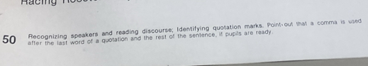 Racig 
Recognizing speakers and reading discourse; Identifying quotation marks. Point out that a comma is used
50 after the last word of a quotation and the rest of the sentence, it pupils are ready.