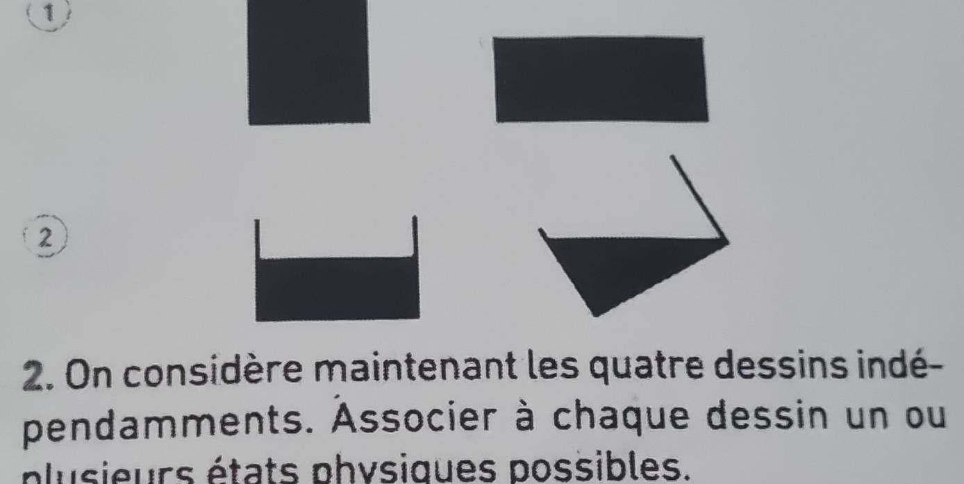 1 
2 
2. On considère maintenant les quatre dessins indé- 
pendamments. Associer à chaque dessin un ou 
plusieurs états physiques possibles.