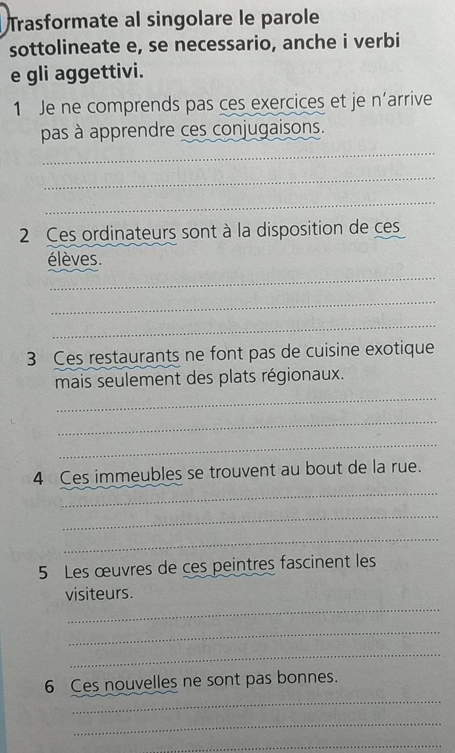 Trasformate al singolare le parole 
sottolineate e, se necessario, anche i verbi 
e gli aggettivi. 
1 Je ne comprends pas ces exercices et je n'arrive 
_ 
pas à apprendre ces conjugaisons. 
_ 
_ 
2 Ces ordinateurs sont à la disposition de ces 
élèves. 
_ 
_ 
_ 
3 Ces restaurants ne font pas de cuisine exotique 
_ 
mais seulement des plats régionaux. 
_ 
_ 
_ 
4 Ces immeubles se trouvent au bout de la rue. 
_ 
_ 
5 Les œuvres de ces peintres fascinent les 
_ 
visiteurs. 
_ 
_ 
_ 
6 Ces nouvelles ne sont pas bonnes. 
_ 
_