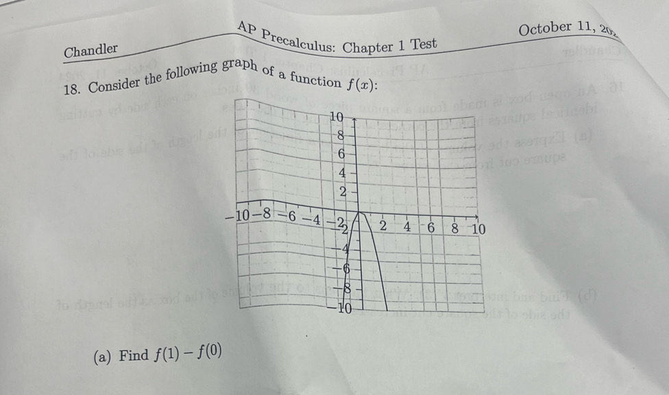 October 11, 20, 
AP Precalculus: Chapter 1 Test 
Chandler 
18. Consider the following graph of a function f(x). 
(a) Find f(1)-f(0)