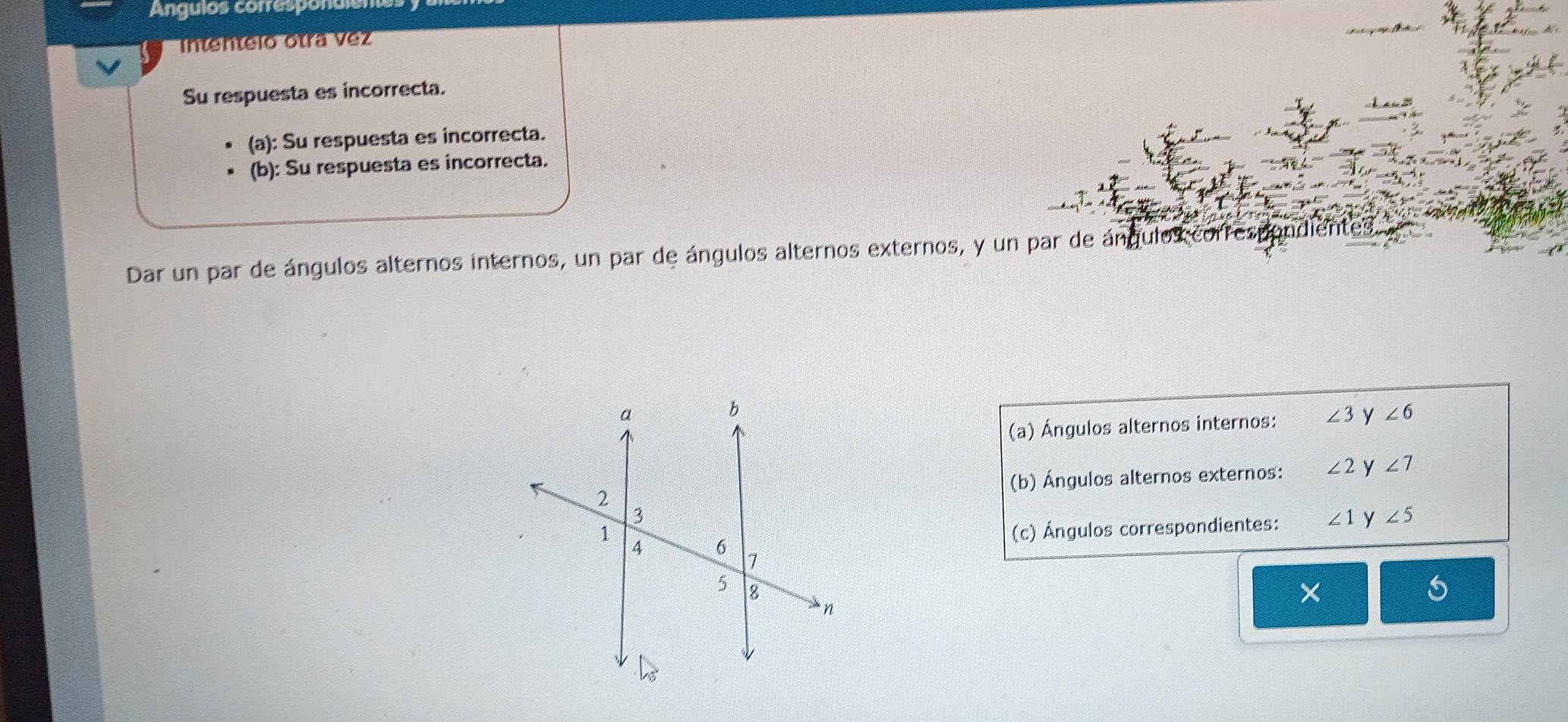 Angulos corresponuien
Intentelo otra Vez
Su respuesta es incorrecta.
(a): Su respuesta es incorrecta.
(b): Su respuesta es incorrecta.
Dar un par de ángulos alternos internos, un par de ángulos alternos externos, y un par de ángulo
(a) Ángulos alternos internos: ∠ 3 y ∠ 6
(b) Ángulos alternos externos: ∠ 2 y ∠ 7
(c) Ángulos correspondientes: ∠ 1 y ∠ 5
×