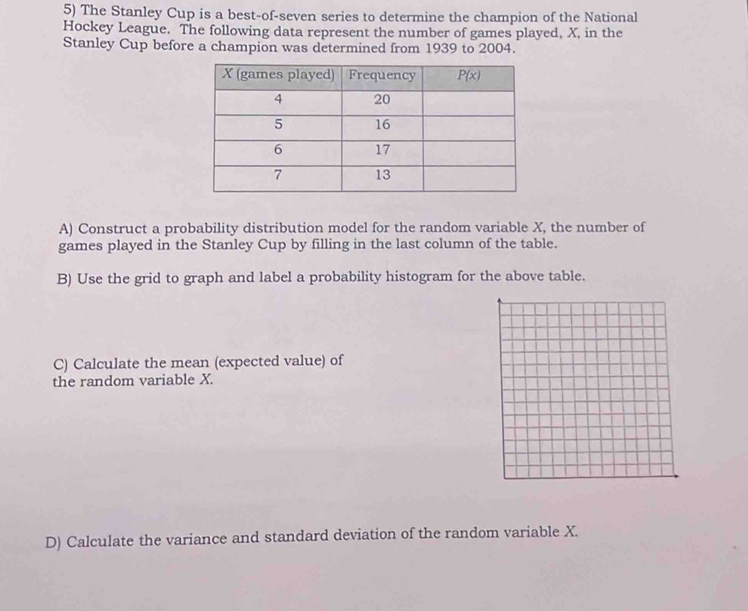 The Stanley Cup is a best-of-seven series to determine the champion of the National
Hockey League. The following data represent the number of games played, X, in the
Stanley Cup before a champion was determined from 1939 to 2004.
A) Construct a probability distribution model for the random variable X, the number of
games played in the Stanley Cup by filling in the last column of the table.
B) Use the grid to graph and label a probability histogram for the above table.
C) Calculate the mean (expected value) of
the random variable X.
D) Calculate the variance and standard deviation of the random variable X.