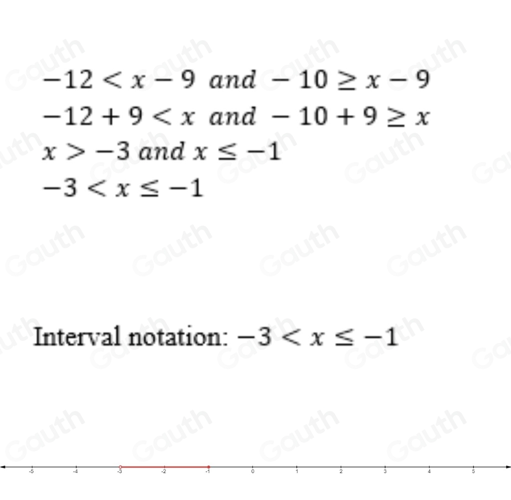 -12 and -10≥ x-9
-12+9 and -10+9≥ x
x>-3 and x≤ -1
-3
Interval notation: -3
-5 -4 -3 -2 -1 i 2 3 4 5