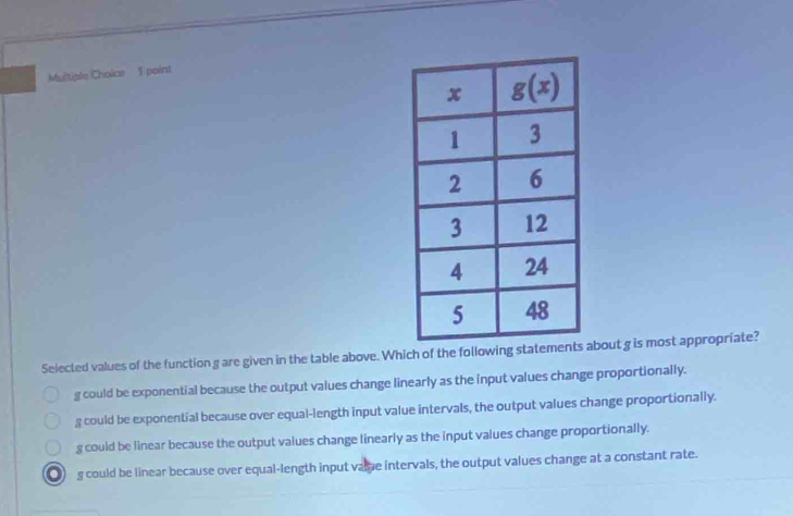 Selected values of the function g are given in the table above. Which of the following stabout g is most appropriate?
g could be exponential because the output values change linearly as the input values change proportionally.
g could be exponential because over equal-length input value intervals, the output values change proportionally.
g could be linear because the output values change linearly as the input values change proportionally.
g could be linear because over equal-length input vame intervals, the output values change at a constant rate.