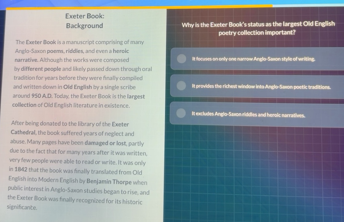 Solved: Exeter Book: Background Why is the Exeter Book’s status as the ...