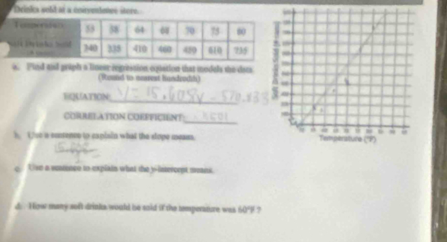 Drinia sold it a cniventenve store. 
a. Find til gruph a lineer regression equation that models the dats 
(Round to nasrest hundrudih) 
_ 
IQUATION 
CORRELATION COEFFICIENT 
_ 
) ( ue a contence to explain what the slope meass. 
e Uve a sentence to explain what the y -intercent means 
d. How many soft drinks would be said if the temperature was 60°F ?