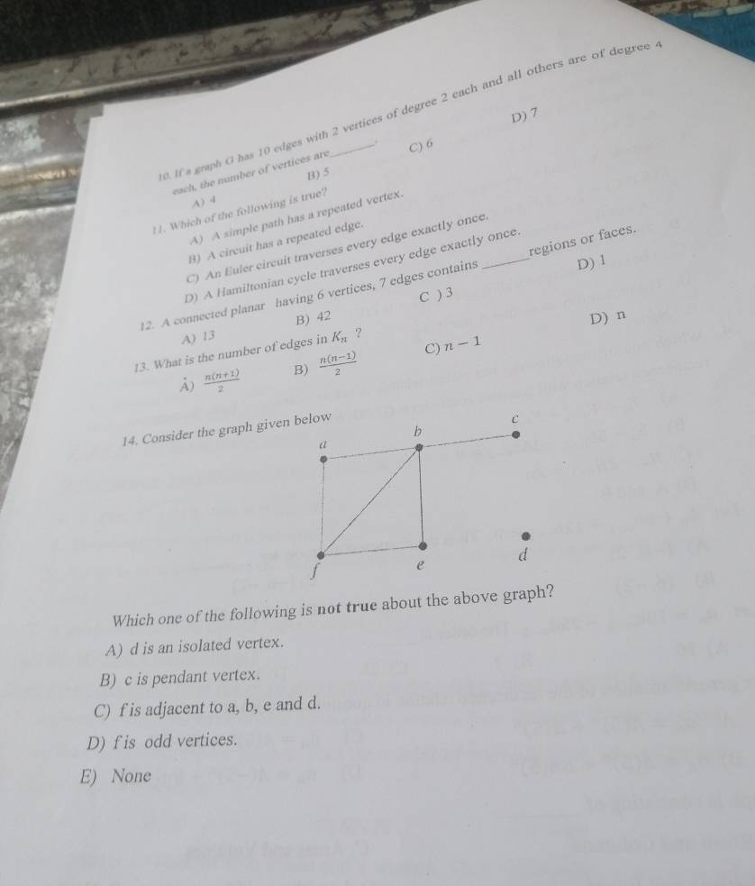 If a graph G has 10 edges with 2 vertices of degree 2 each and all others are of degree
D) 7
each, the number of vertices are . C) 6
A) 4 B) 5
11. Which of the following is true?
A) A simple path has a repeated vertex.
B) A circuit has a repeated edgc.
C) An Euler circuit traverses every edge exactly once.
D) 1
D) A Hamiltonian cycle traverses every edge exactly once.
12. A connected planar having 6 vertices, 7 edges contains _regions or faces.
A) 13 B) 42 C ) 3
13. What is the number of edges in K_n ? D) n
A)  (n(n+1))/2  B)  (n(n-1))/2  C) n-1
14. Consider the graph given
Which one of the following is not true about the above graph?
A) d is an isolated vertex.
B) c is pendant vertex.
C) f is adjacent to a, b, e and d.
D) f is odd vertices.
E) None