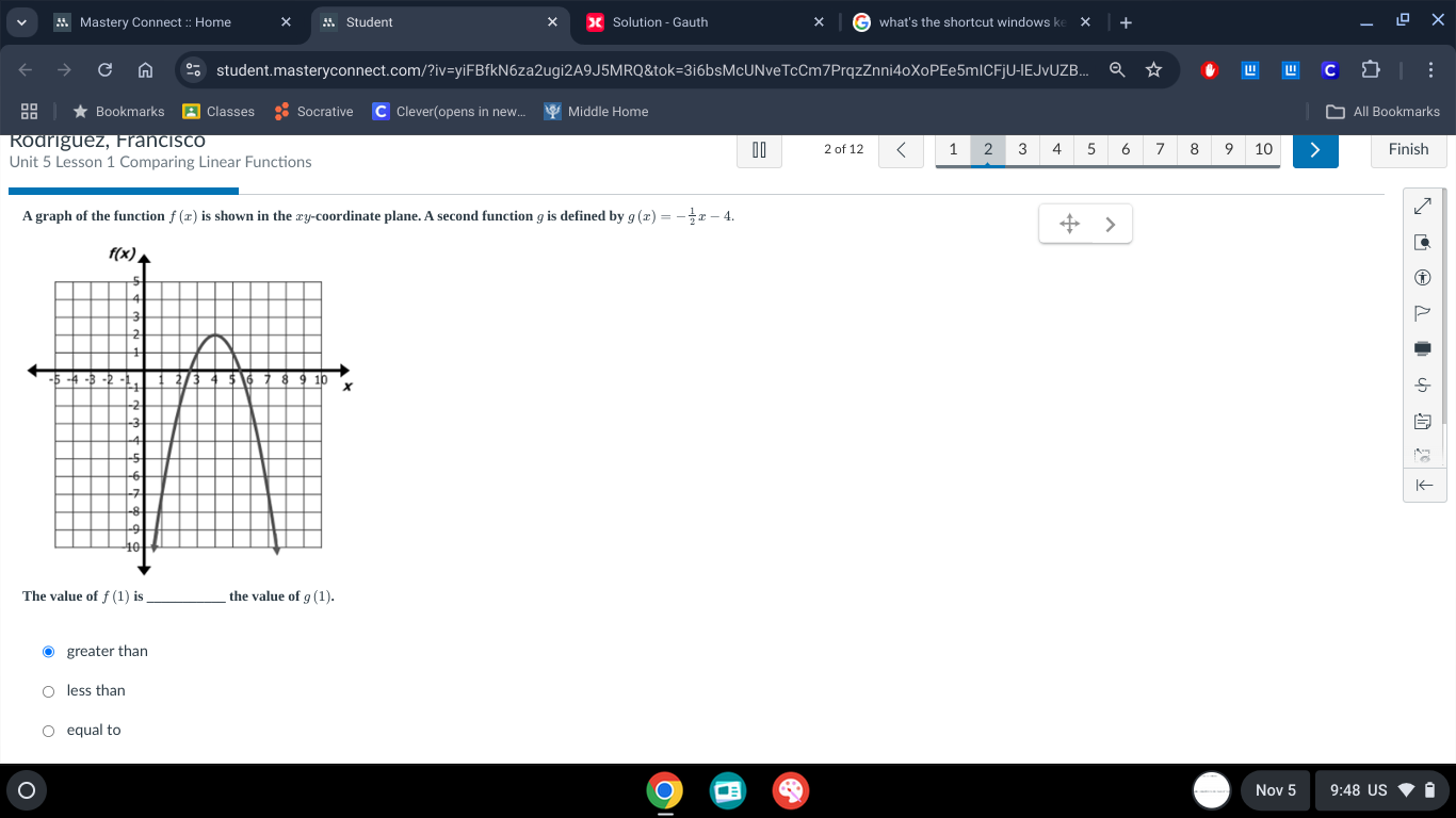 Mastery Connect :: Home × M Student Solution - Gauth what's the shortcut windows ke 
n student.masteryconnect.com/?iv=yiFBfkN6za2ugi2A9J5MRQ&tok=3i6bsMcUNveTcCm7PrqzZnni4oXoPEe5mICFjU-IEJvUZB... '''
Bookmarks Classes Socrative Clever(opens in new...  Middle Home All Bookmarks
Rodríguez, Francisco 2 of 12 < 1 2 3 4 5 6 7 8 9 10 7
II
Unit 5 Lesson 1 Comparing Linear Functions Finish
A graph of the function f(x) is shown in the xy-coordinate plane. A second function g is defined by g(x)=- 1/2 x-4.
The value of f(1)i _the value of g(1).
greater than
less than
equal to
Nov 5 9:48 US