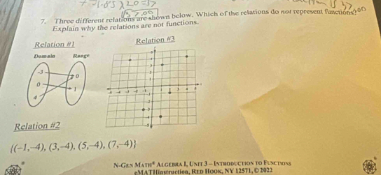 Three different relations are shown below. Which of the relations do not represent functions?
Explain why the relations are not functions.
Relation #1 Relation #3
Relation #2
 (-1,-4),(3,-4),(5,-4),(7,-4)
N-Gen M_Am^2 Algebra I, Unit 3 - Introduction to Functions
eMATHinstruction, Red HOOk, NY 12571, © 2022