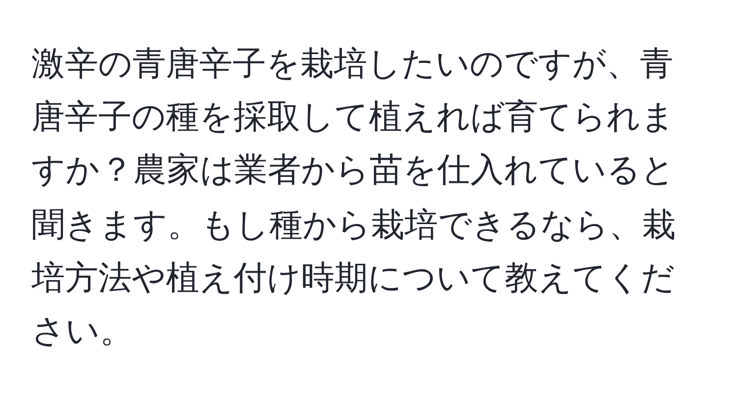 激辛の青唐辛子を栽培したいのですが、青唐辛子の種を採取して植えれば育てられますか？農家は業者から苗を仕入れていると聞きます。もし種から栽培できるなら、栽培方法や植え付け時期について教えてください。