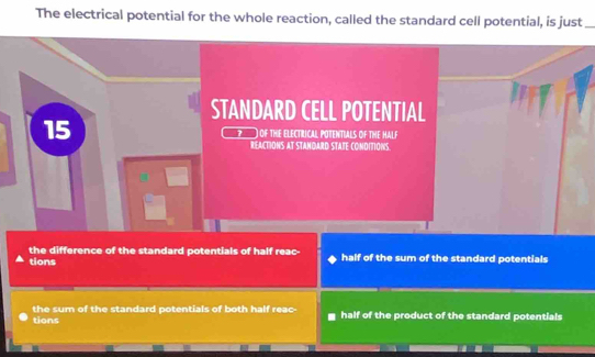 The electrical potential for the whole reaction, called the standard cell potential, is just_
STANDARD CELL POTENTIAL
15 ? _) of THE ELECTRICAL POTENTIALS OF THE HALF
REACTIONS at StAndArd State coNDitioNS
the difference of the standard potentials of half reac-
tions half of the sum of the standard potentials
the sum of the standard potentials of both half reac-
tions half of the product of the standard potentials