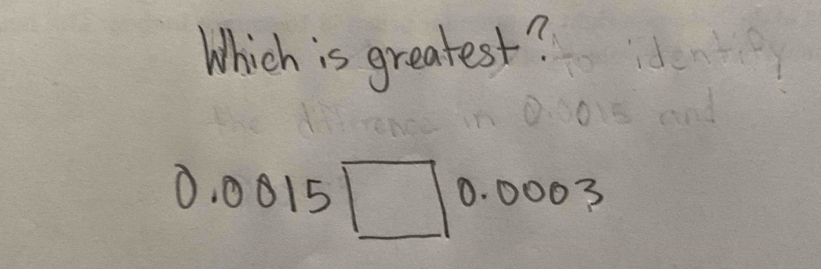 Which is greatest?
0.0015□ 0.0003