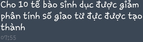 Cho 10 tế bào sinh dục được giảm 
phân tính số giao từ đực được tạo 
thành
07:55