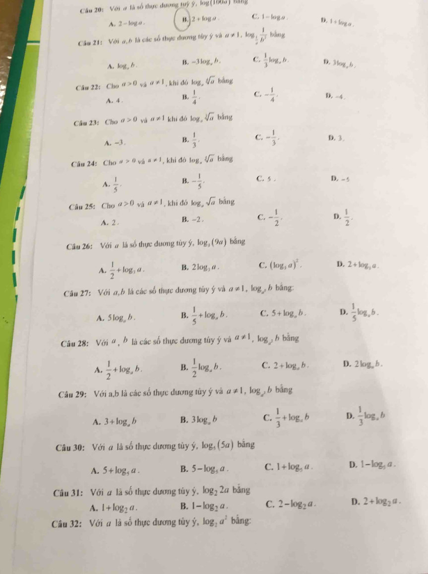 Với ơ là số thực dương tuỷ y,10
A. 2-log a. B. 2+log a. C. 1- loga D. 1, loy a .
Câu 21: Với a,b là các số thực đương tủy ý và a!= 1 , log  1/h^2  bàng
A. log _ab. B. -3log _ab. C.  1/3 log _ab. D.3log,b .
Câu 22: Cho a>0 và a!= 1 , khi đó log _asqrt[4](a) ofin
C.
A. 4 .
B.  1/4 , - 1/4 . D. -4 .
Câu 23: Cho a>0 và a!= 1 khí đó log _asqrt[3](a)bang
A. -3 . B.  1/3 , C. - 1/3 . D. 3.
Câu 24: Cho a>0_sqrt(3)a!= 1 , khi dó log sqrt[5](a)bang
B.
A.  1/5 · - 1/5 .
C. 5 . D. - 5
Câu 25: Cho a>0 vá a!= 1 , khí đó log ,sqrt(a) ban
A. 2 .
B. -2 .
C. - 1/2 . D.  1/2 .
Câu 26: Với # là số thực dương tủy ý y. log _3(9a) bằng
A.  1/2 +log _3a. B. 2log _3a. C. (log _3a)^2. D. 2+log _3a.
Câu 27: Với a,b là các số thực dương tủy ý và a!= 1 ,log b bảng
A. 5log _ab. B.  1/5 +log _ab. C. 5+log _ab. D.  1/5 log _ab.
Câu 28: V_6ia b là các số thực dương tủy ý và a!= 1 og h bằng
A.  1/2 +log _ab. B.  1/2 log _ab. C. 2+log _ab. D. 2log _ab.
Câu 29: Với a,b là các số thực dương tủy ý và a!= 1,log _a^3 b bàng
A. 3+log _ab B. 3log _ab C.  1/3 +log _ab D.  1/3 log _ab
Câu 30: Với a là số thực dương tủy dot y,log _5(5a) bing
A. 5+log _5a. B. 5-log _5a. C. 1+log _5a. D. 1-log _5a.
Câu 31: Với a lhat ashat o thực dương tùy dot y.log _22a bǎng
A. 1+log _2a. B. 1-log _2a. C. 2-log _2a. D. 2+log _2a.
Câu 32: Với # là số thực dương tủy dot y,log _2a^2 bằng: