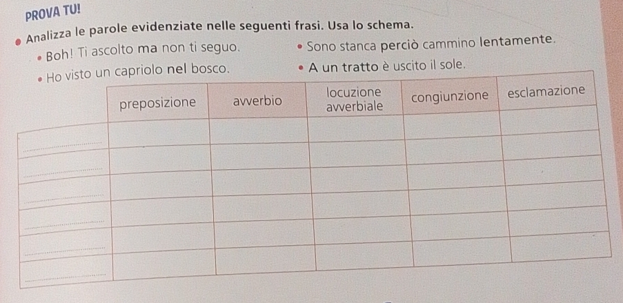 PROVA TU! 
Analizza le parole evidenziate nelle seguenti frasi. Usa lo schema. 
Boh! Ti ascolto ma non ti seguo. Sono stanca perciò cammino lentamente. 
A un tratto è uscito il sole.