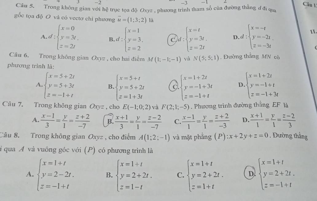 3 -2 -3 -1
Câu 11
Câu 5. Trong không gian với hệ trục tọa độ Oxyz , phương trình tham số của đường thằng ơ đi qua
gốc tọa độ O và có vectơ chỉ phương vector u=(1;3;2) là
A d:beginarrayl x=0 y=3t. z=2tendarray. B. d:beginarrayl x=1 y=3, z=2endarray. C )d:beginarrayl x=t y=3t. z=2tendarray. D ,d:beginarrayl x=-t y=-2t z=-3tendarray.
I1.
(
Câu 6. Trong không gian Oxyz , cho hai điểm M(1;-1;-1) và N(5;5;1). Đường thắng MN có
phương trình là:
A. beginarrayl x=5+2t y=5+3t z=-1+tendarray. B beginarrayl x=5+t y=5+2t z=1+3tendarray. d beginarrayl x=1+2t y=-1+3t z=-1+tendarray. D beginarrayl x=1+2t y=-1+t z=-1+3tendarray.
Câu 7. Trong không gian Oxyz , cho E(-1;0;2) và F(2;1;-5). Phương trình đường thắng EF là
A.  (x-1)/3 = y/1 = (z+2)/-7  B.  (x+1)/3 = y/1 = (z-2)/-7  C.  (x-1)/1 = y/1 = (z+2)/-3  D.  (x+1)/1 = y/1 = (z-2)/3 
Câu 8. Trong không gian Oxyz , cho điểm A(1;2;-1) và mặt phẳng (P) x+2y+z=0. Đường thắng
Si qua A và vuông góc với (P) có phương trình là
A. beginarrayl x=1+t y=2-2t. z=-1+tendarray. B. beginarrayl x=1+t y=2+2t. z=1-tendarray. C. beginarrayl x=1+t y=2+2t. z=1+tendarray. D. beginarrayl x=1+t y=2+2t. z=-1+tendarray.