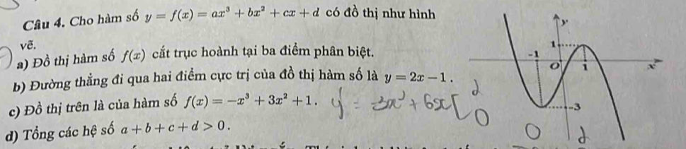 Cho hàm số y=f(x)=ax^3+bx^2+cx+d có đồ thị như hình 
vẽ. 
a) Đồ thị hàm số f(x) cắt trục hoành tại ba điểm phân biệt. 
b) Đường thẳng đi qua hai điểm cực trị của đồ thị hàm số là y=2x-1. 
c) Đồ thị trên là của hàm số f(x)=-x^3+3x^2+1. 
d) Tổng các hệ số a+b+c+d>0.