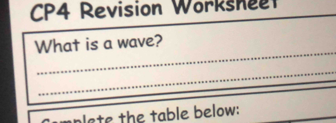 CP4 Revision Workshee 
_ 
_ 
What is a wave? 
_ 
nlete the table below: