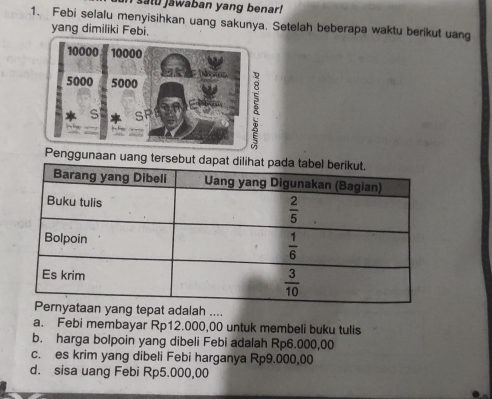 satu jawaban yang benar!
1. Febi selalu menyisihkan uang sakunya. Setelah beberapa waktu berikut uang
yang dimiliki Febi.
Penggunaan uang tersebut dapat
at adalah ....
a. Febi membayar Rp12.000,00 untuk membeli buku tulis
b. harga bolpoin yang dibeli Febi adalah Rp6.000,00
c. es krim yang dibeli Febi harganya Rp9.000,00
d. sisa uang Febi Rp5.000,00