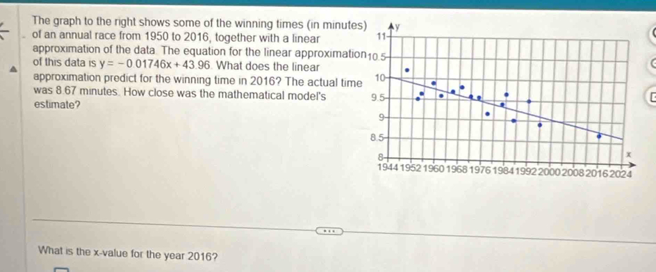 The graph to the right shows some of the winning times (in minutes) y
of an annual race from 1950 to 2016, together with a linear 11 - 
approximation of the data The equation for the linear approximation10.5 
of this data is y=-0.01746x+43.96 What does the linear 
approximation predict for the winning time in 2016? The actual time 10
was 8.67 minutes. How close was the mathematical model's 9.5 - 
estimate? 
[
9
8.5 -
8
x
1944 1952 1960 1968 1976 1984 1992 2000 20 08 20 16 2024
What is the x -value for the year 2016?