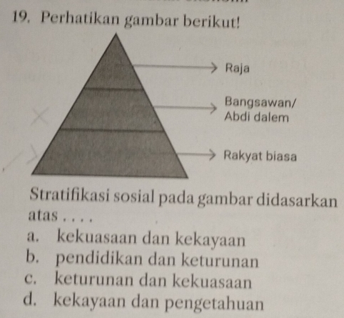 Perhatikan gambar berikut!
Stratifikasi sosial pada gambar didasarkan
atas . . . .
a. kekuasaan dan kekayaan
b. pendidikan dan keturunan
c. keturunan dan kekuasaan
d. kekayaan dan pengetahuan